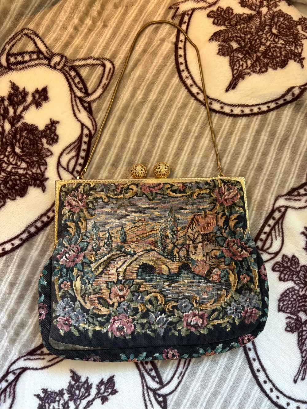 Vintage Tapestry Evening Bag with Floral Scenic Design - Black and Gold
